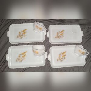 Fire King Anchor Hocking-Wheat Milk Glass Snack Tray Sets- 4 Trays & 3 Cups-GUC!